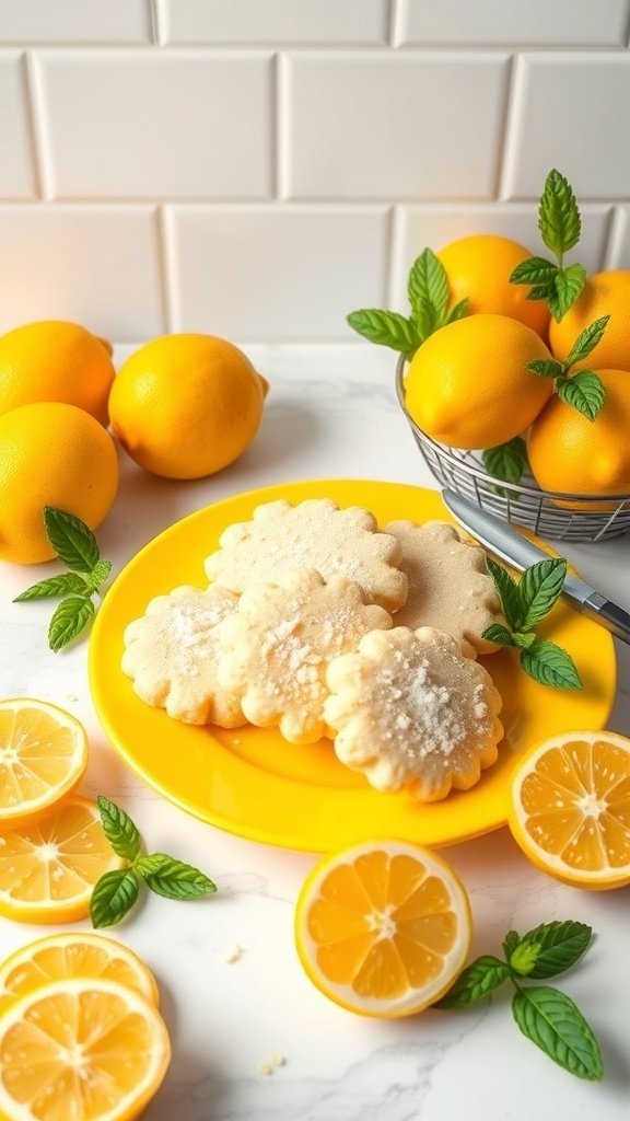 Lemon zest sugar cookies on a yellow plate with fresh lemons and mint leaves