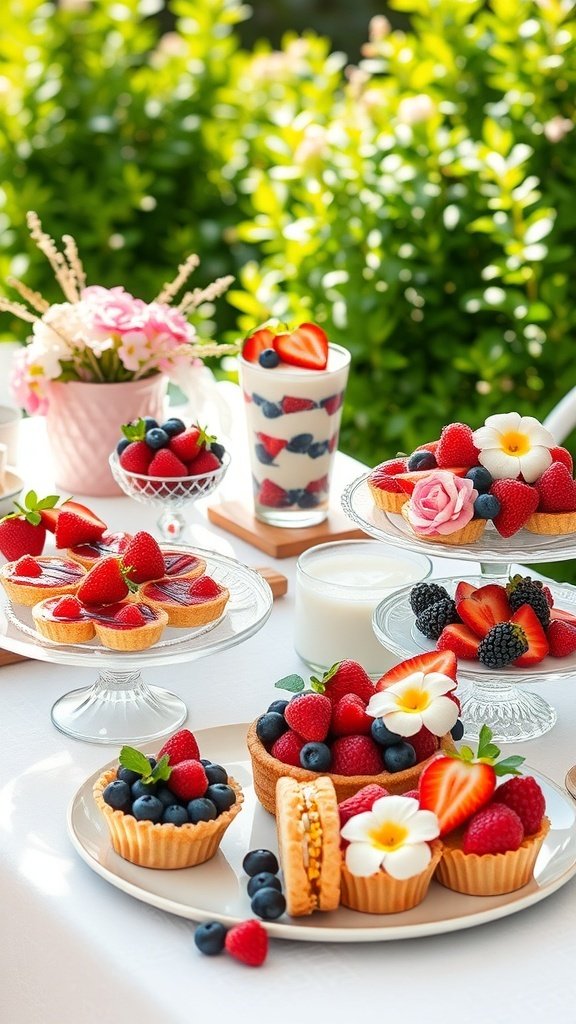 A beautiful display of summer desserts featuring mixed berry tarts, parfaits, and cookies decorated with flowers.