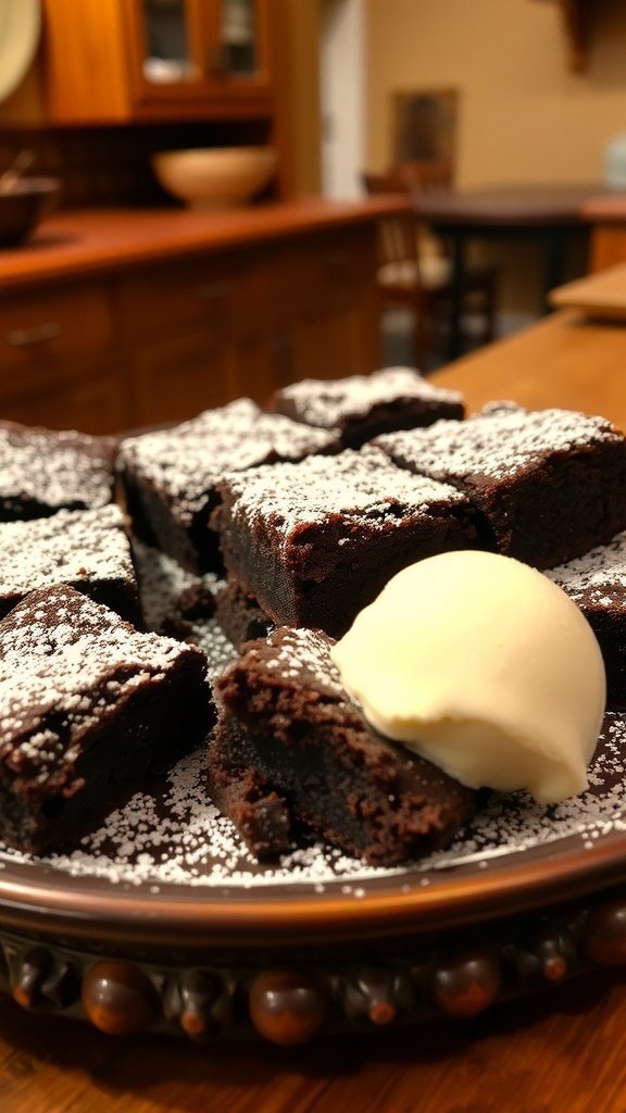 A plate of fudgy brownies dusted with powdered sugar, served with a scoop of vanilla ice cream.