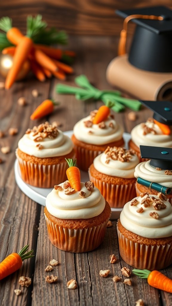 Graduation-themed carrot cupcakes with cream cheese frosting and mini carrot decorations.