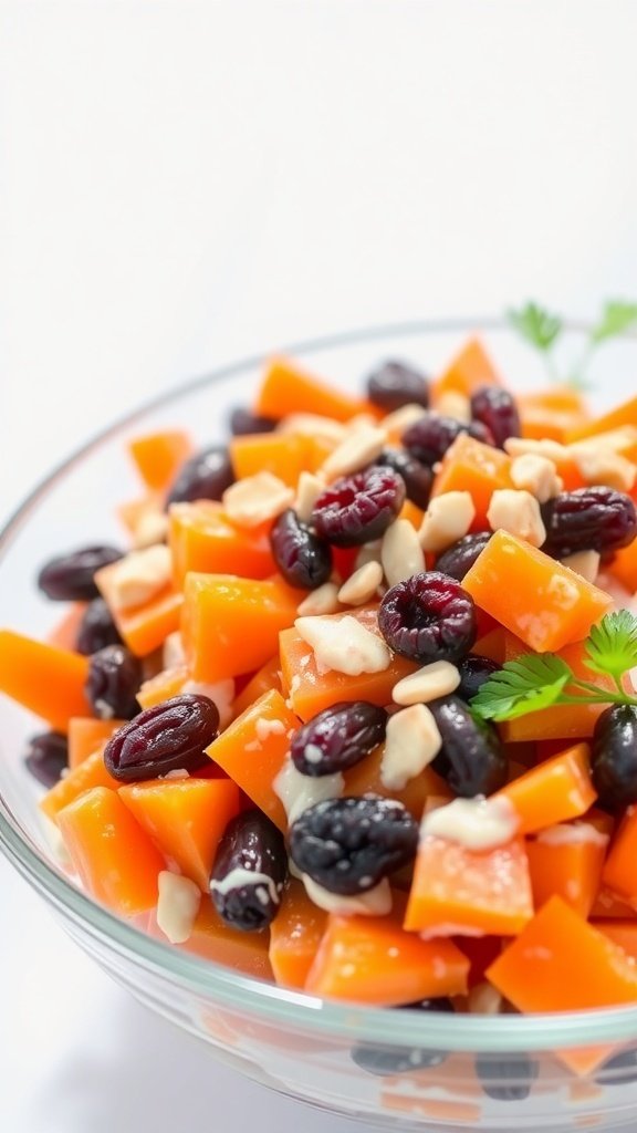 A colorful bowl of carrot and raisin salad with nuts