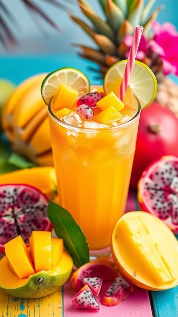 A vibrant Zesty Mango Dragonfruit Refresher with fresh fruit garnishes.