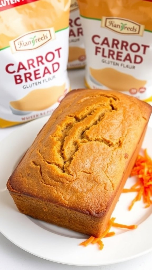 A loaf of gluten-free carrot bread on a plate with shavings of carrot beside it, with carrot flour packaging in the background.