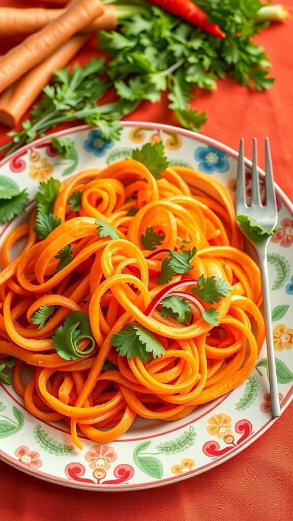 A colorful carrot ribbon salad garnished with cilantro on a decorative plate.