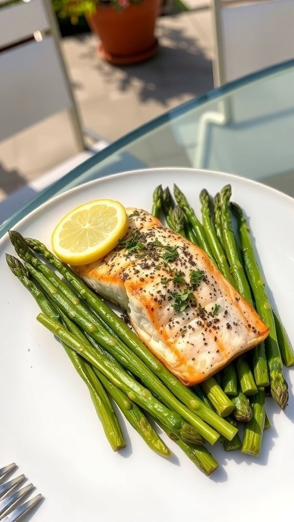 Grilled salmon fillet with lemon and asparagus on a plate