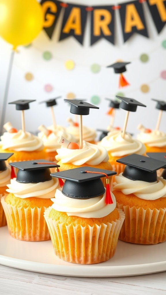 Graduation cupcakes decorated with black graduation caps and red tassels