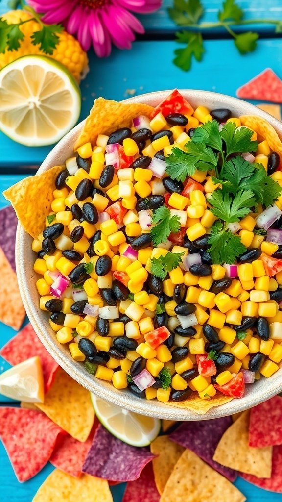 A colorful bowl of corn and black bean salad with tortilla chips and fresh herbs.