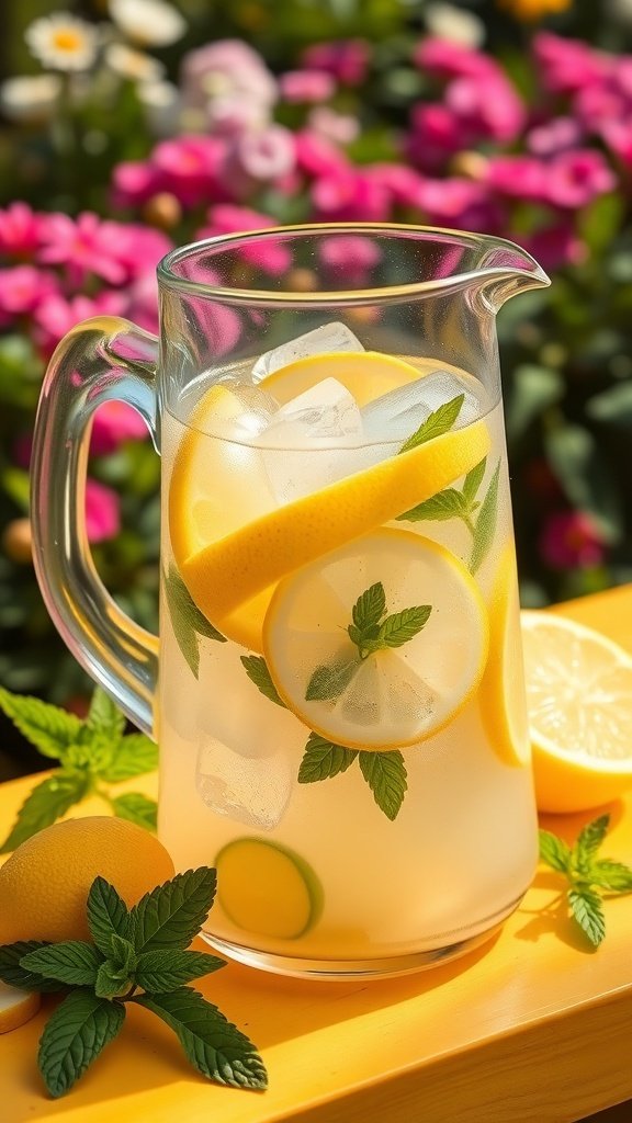 A pitcher of homemade lemonade with lemon slices and mint leaves, set against a colorful floral background.