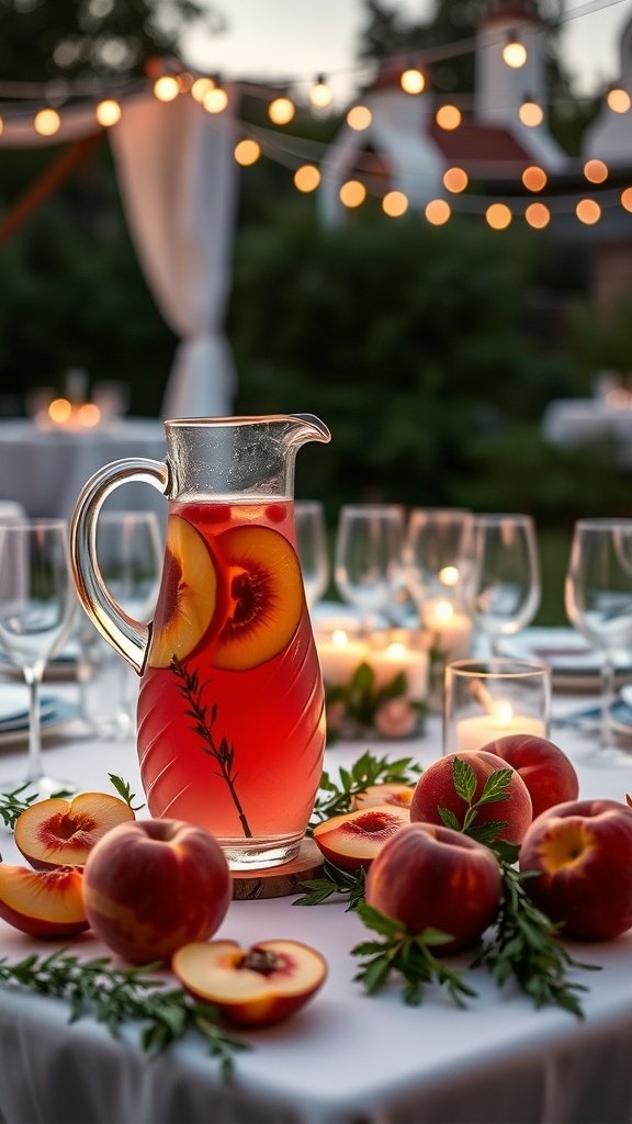 A pitcher of rosé sangria with peach slices and herbs, surrounded by fresh peaches on a beautifully set table with string lights.