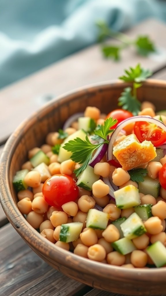 A hearty chickpea salad with cherry tomatoes, cucumbers, and herbs in a wooden bowl.