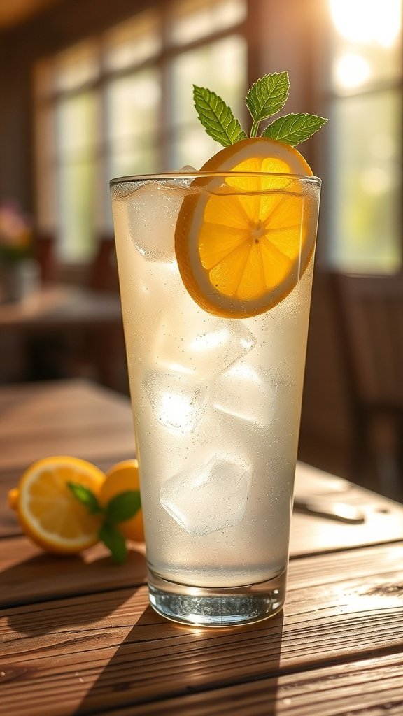 A refreshing summer cocktail with lemon and mint, served in a tall glass
