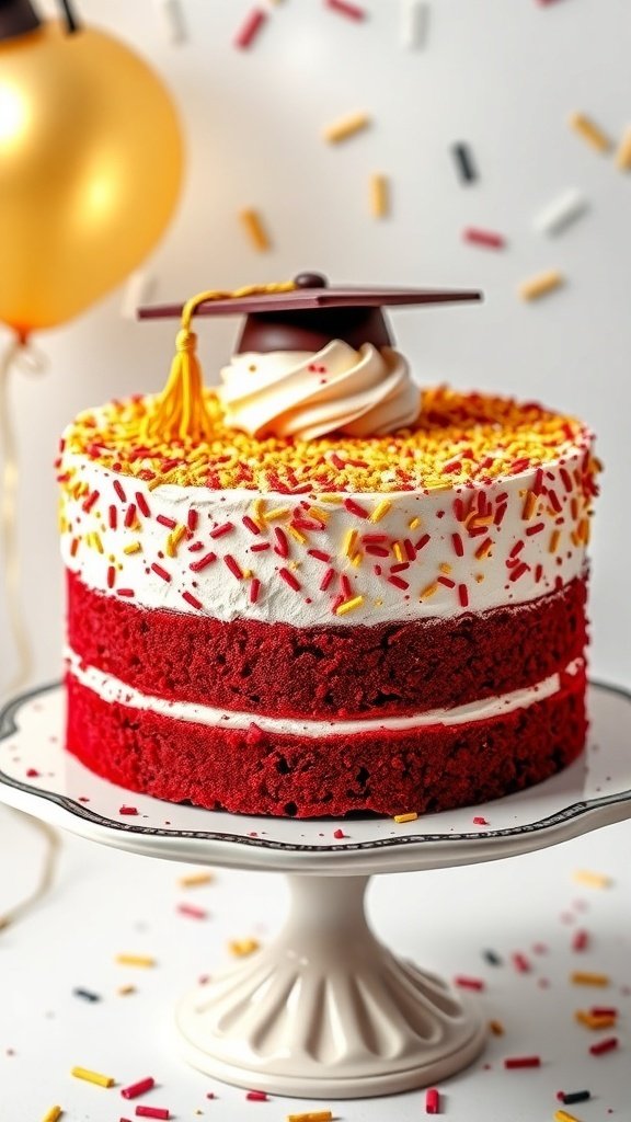 A vibrant red velvet graduation cake topped with a small graduation cap and colorful sprinkles.