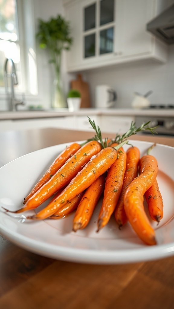 A plate of roasted carrots garnished with herbs, set in a bright kitchen.