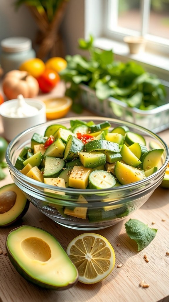 A bowl of cucumber and avocado salad with lemon slices and fresh ingredients in the background.