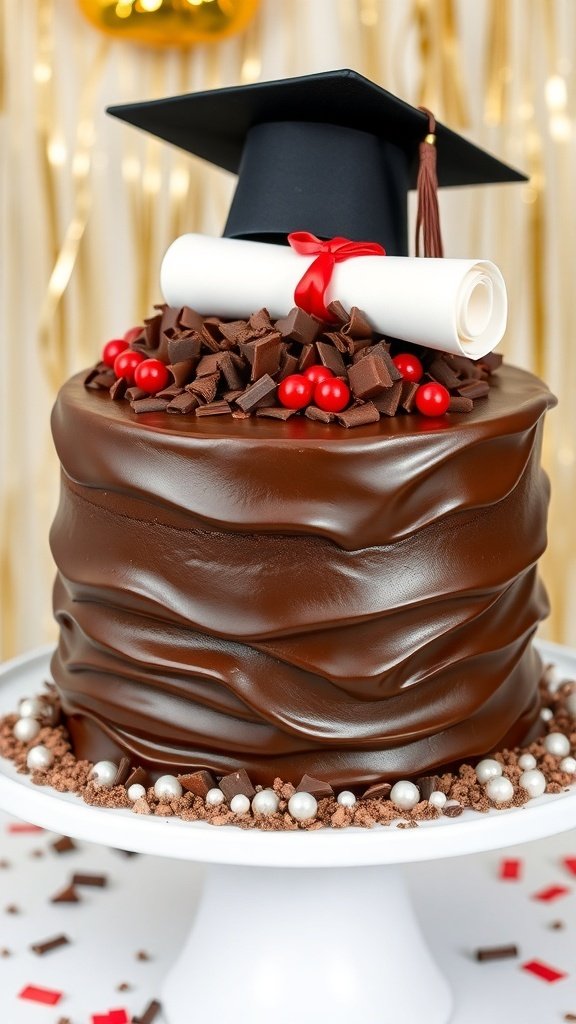A chocolate ganache cake decorated with a graduation cap and diploma, surrounded by chocolate shavings and red candies.