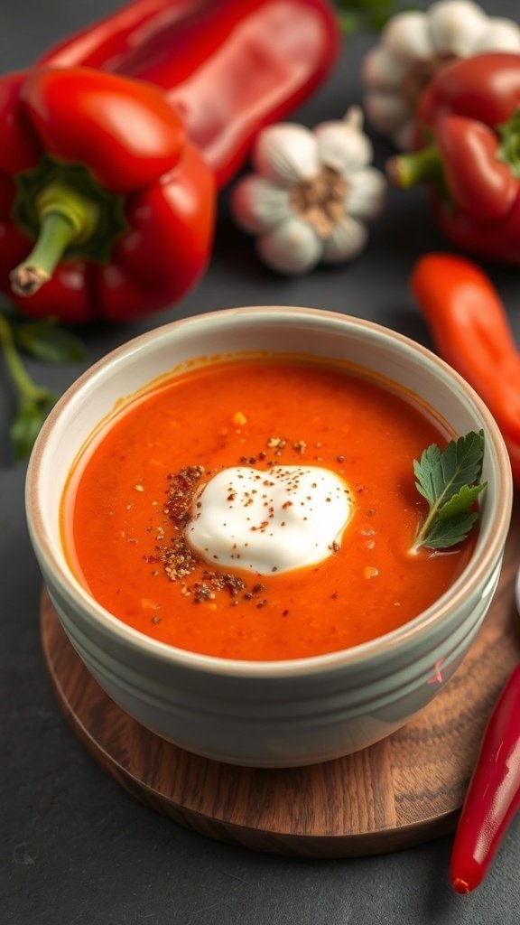 A bowl of roasted red pepper soup garnished with cream and herbs, surrounded by fresh red peppers and garlic.