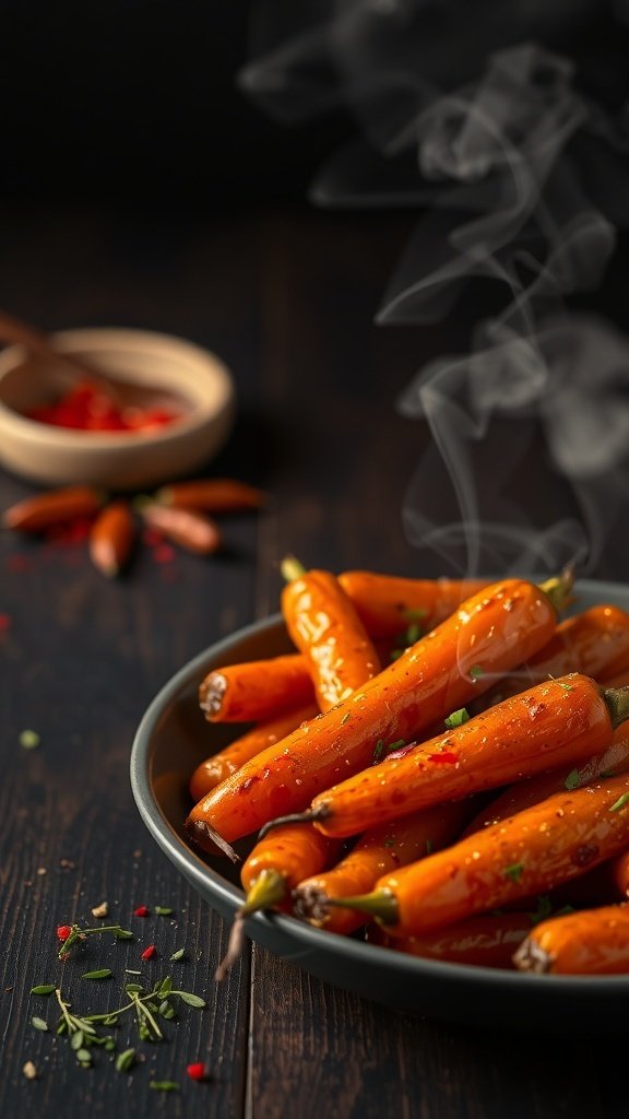 A plate of sweet and spicy carrots with steam rising, garnished with herbs.