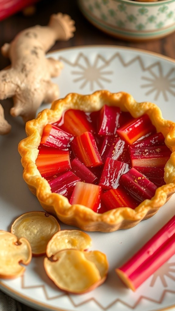 A sweet and spicy rhubarb ginger tart with a golden crust and vibrant pink rhubarb filling.