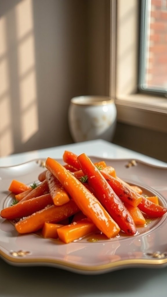 A plate of honey glazed carrots, beautifully arranged with a shiny glaze, set against a cozy background.