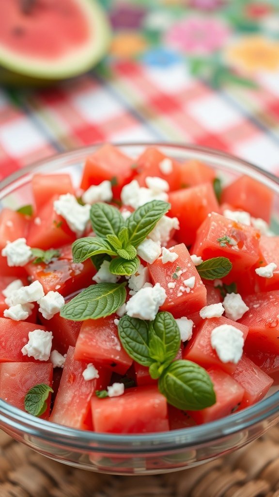 A bowl of watermelon salad with mint and feta cheese on a colorful picnic blanket.