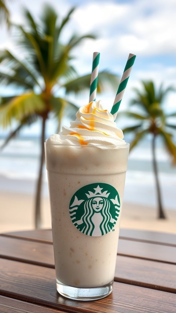 Creamy Vanilla Bean Coconut Frappuccino with whipped cream and caramel drizzle