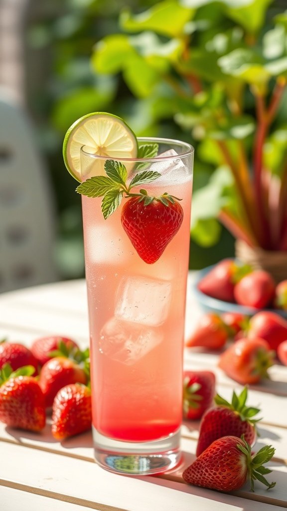 A refreshing Strawberry Rhubarb Sparkler in a tall glass with ice, garnished with a lime slice and mint, surrounded by fresh strawberries and rhubarb.