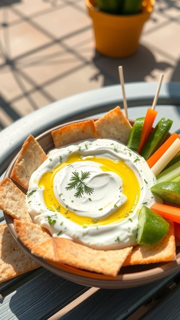 A bowl of tzatziki dip surrounded by pita chips and colorful vegetable sticks