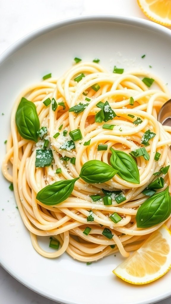 A bowl of light creamy pasta topped with fresh herbs and a lemon slice