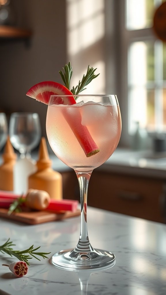 A refreshing Rhubarb Spritz cocktail in a glass, garnished with a slice of rhubarb and a sprig of rosemary.