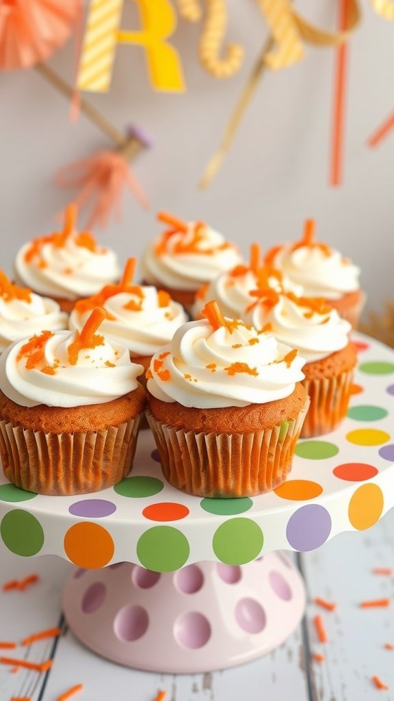 Delicious carrot cake cupcakes with cream cheese frosting and colorful decorations