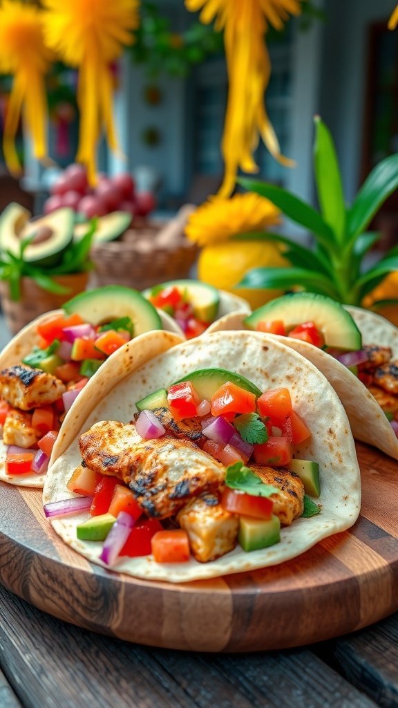 Delicious tacos with grilled chicken, fresh vegetables, and garnishes on a wooden platter.