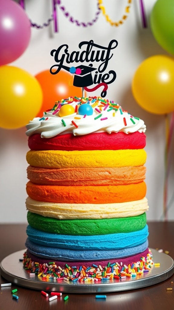 A colorful rainbow layer cake with a graduation cap topper, surrounded by balloons and sprinkles.