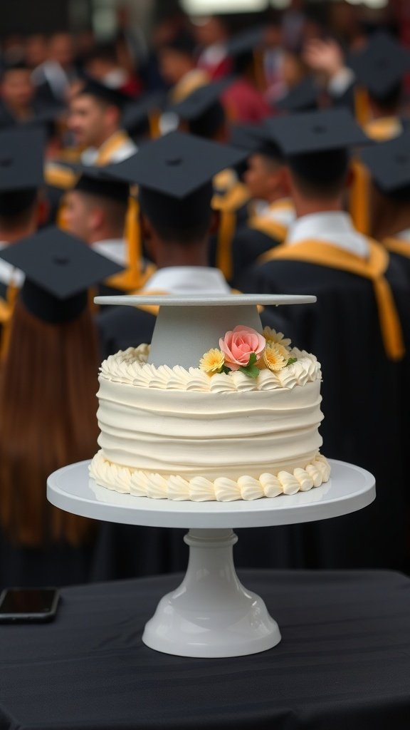 A classic vanilla graduation cake decorated with a graduation cap and flowers, displayed on a white pedestal.