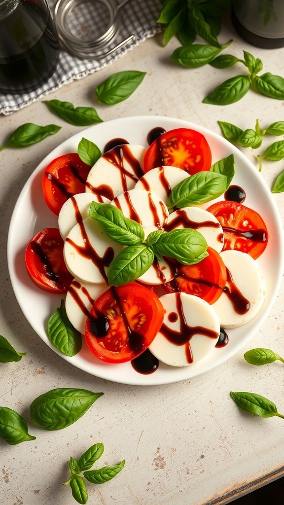 A plate of Caprese salad with sliced tomatoes, mozzarella, fresh basil, and balsamic reduction.