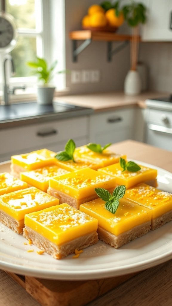 A platter of no-bake lemon bars garnished with mint leaves, showcasing a vibrant yellow filling and a crumbly crust.