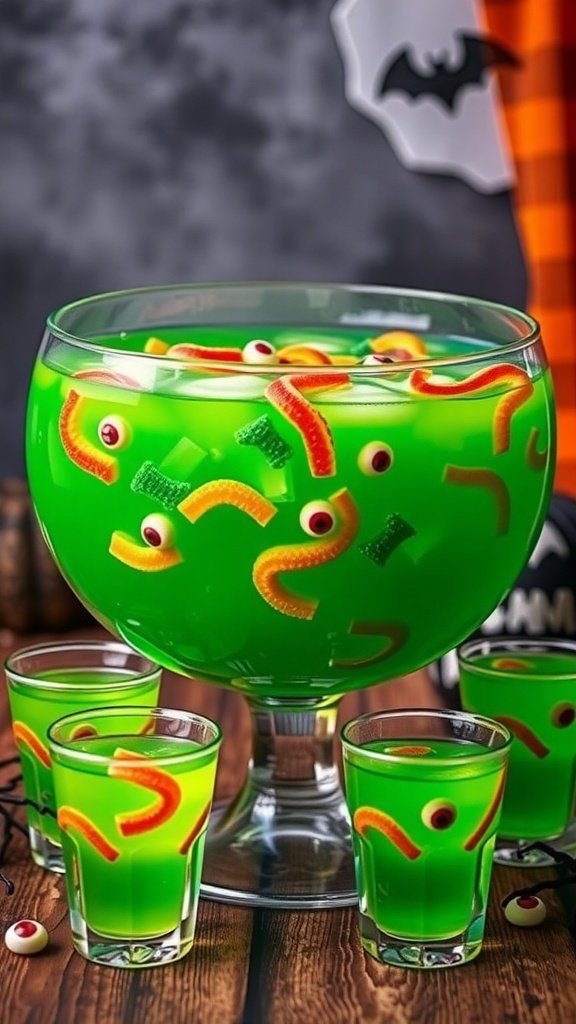 A vibrant green punch with gummy worms and candy eyeballs in a large bowl, surrounded by shot glasses filled with the same punch.