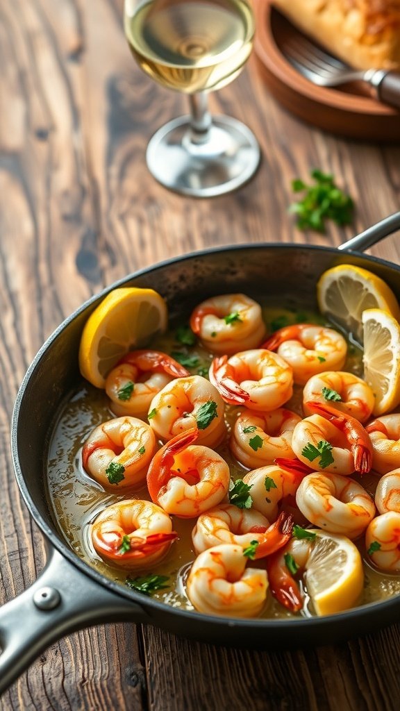 A skillet of shrimp scampi with garlic and wine, garnished with lemon and parsley, alongside a glass of white wine.