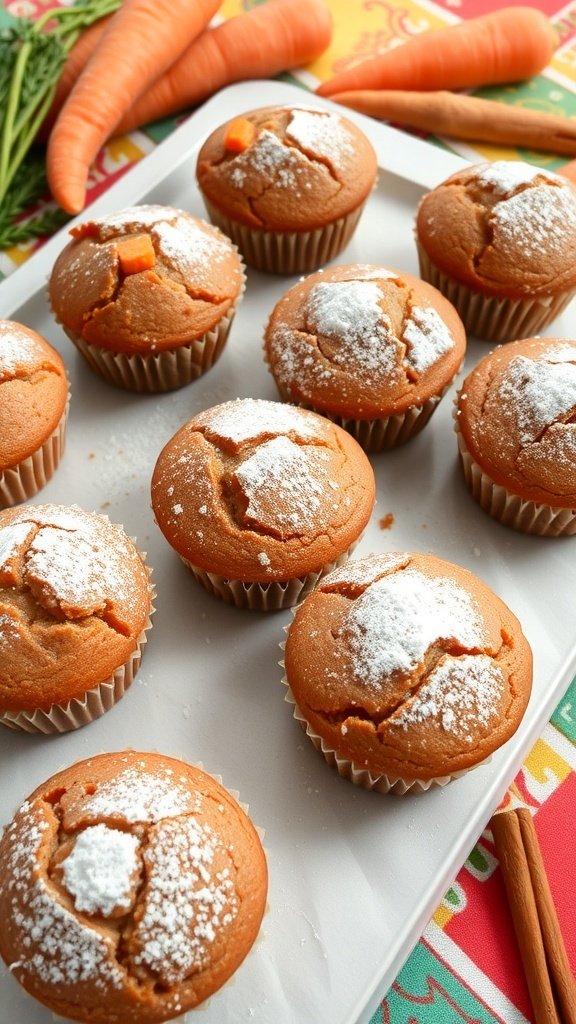 Spiced carrot cake muffins topped with powdered sugar, surrounded by fresh carrots.