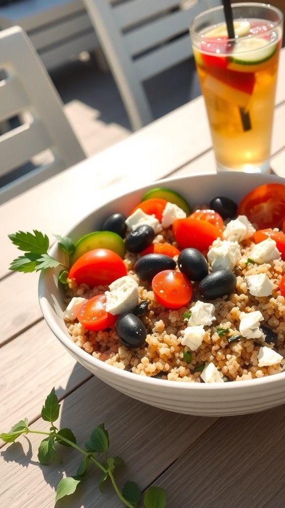 A colorful Mediterranean quinoa bowl with cherry tomatoes, olives, feta cheese, and a refreshing drink.
