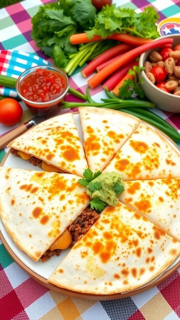 A plate of beef quesadillas with cheese, garnished with cilantro, served with salsa and fresh vegetables.