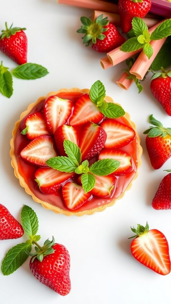 A vibrant rhubarb tart topped with fresh strawberries and mint leaves, surrounded by strawberries and rhubarb stalks.