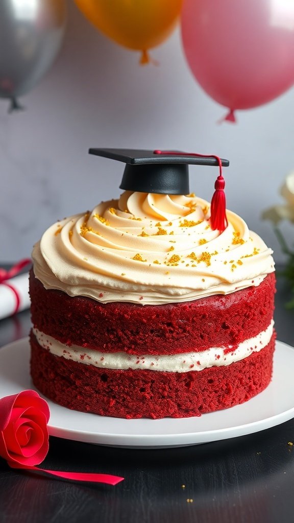 A classic red velvet graduation cake topped with a graduation cap and gold sprinkles, surrounded by festive balloons.