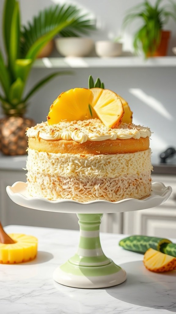 A beautiful Tropical Coconut Pineapple Cake topped with fresh pineapple slices and toasted coconut.