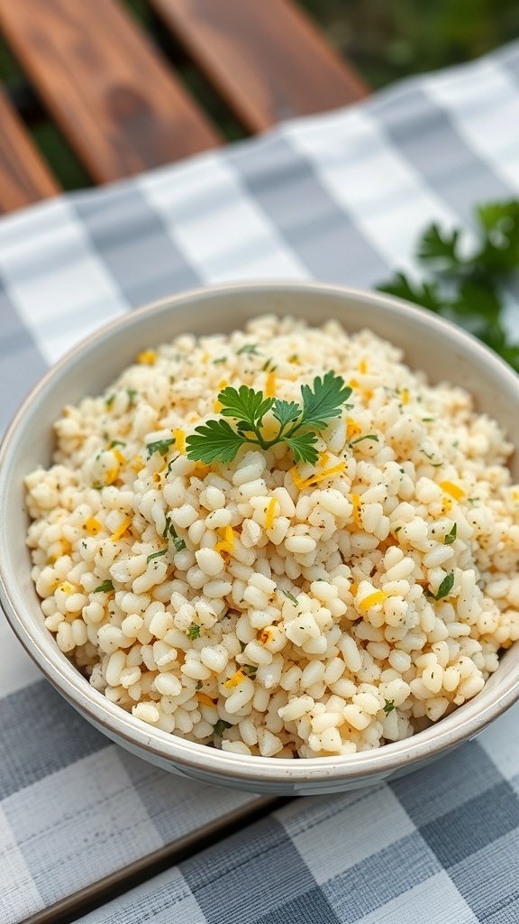 A bowl of herbed couscous with lemon and parsley, garnished with a sprig of parsley, on a checkered tablecloth.