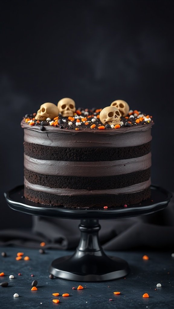 A black velvet cake topped with skull decorations and colorful sprinkles on a black cake stand.