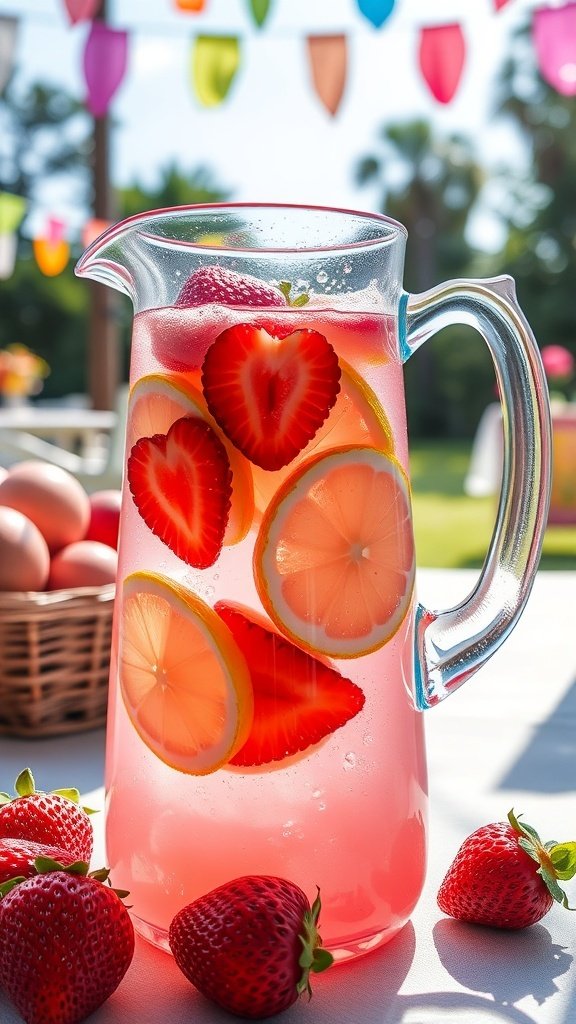 A pitcher of strawberry lemonade with slices of strawberries and lemons, surrounded by fresh strawberries.