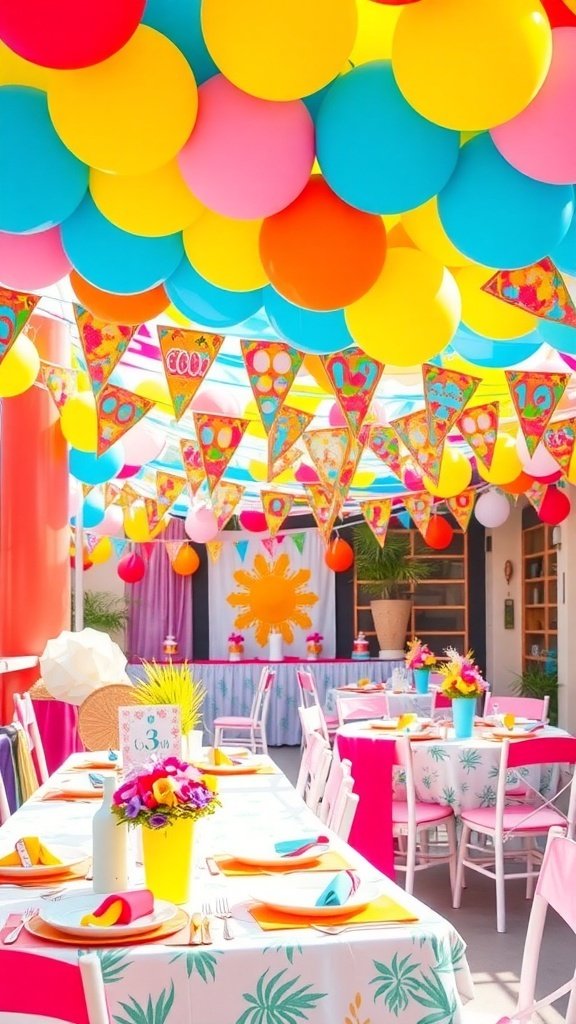A vibrant summer party setup with colorful balloons, bunting, and decorated tables.