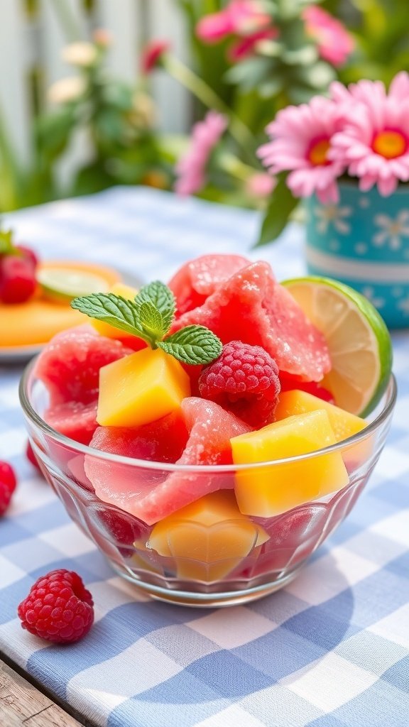 A bowl of colorful fruity summer sorbet with watermelon, mango, and raspberries, garnished with mint leaves.
