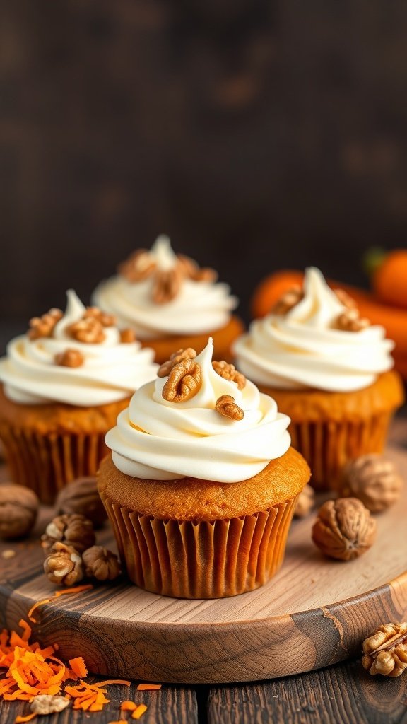 Moist carrot cake cupcakes topped with cream cheese frosting and walnuts, displayed on a wooden board.