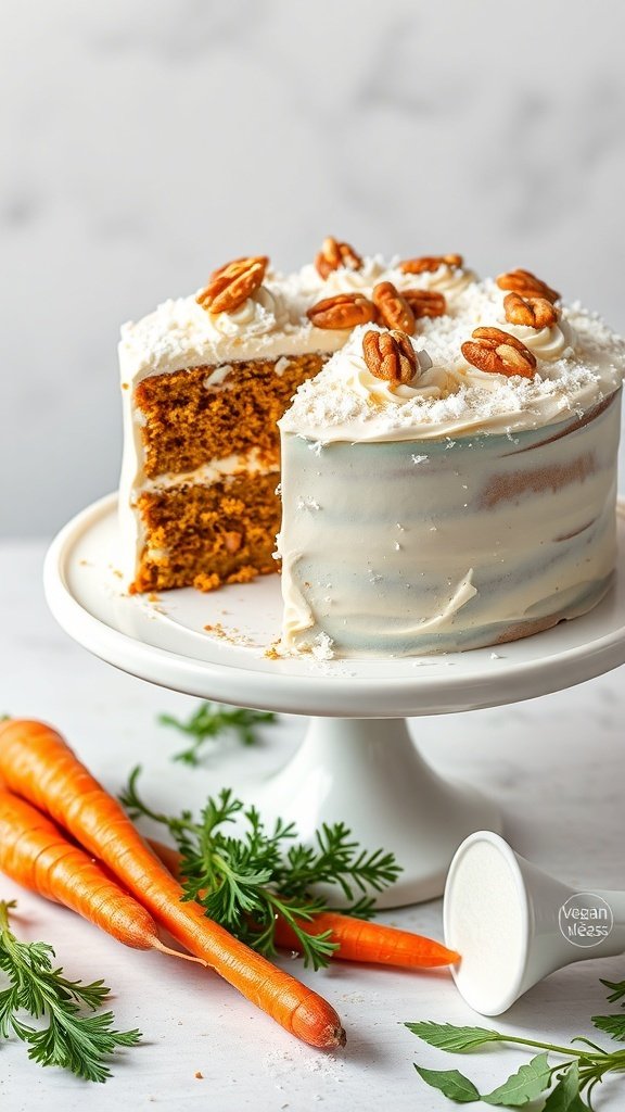 A vegan carrot cake with a slice removed, topped with pecans and coconut, alongside fresh carrots.